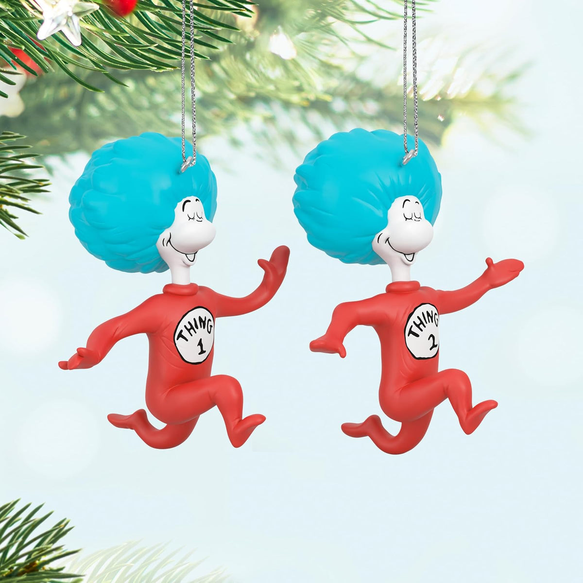 Hallmark - Adornos navideños de Recuerdo 2024, Dr. Seuss's The Cat in The Hat Thing One and Thing Two, Juego de 2, Regalos para los fanáticos del Dr. Seuss