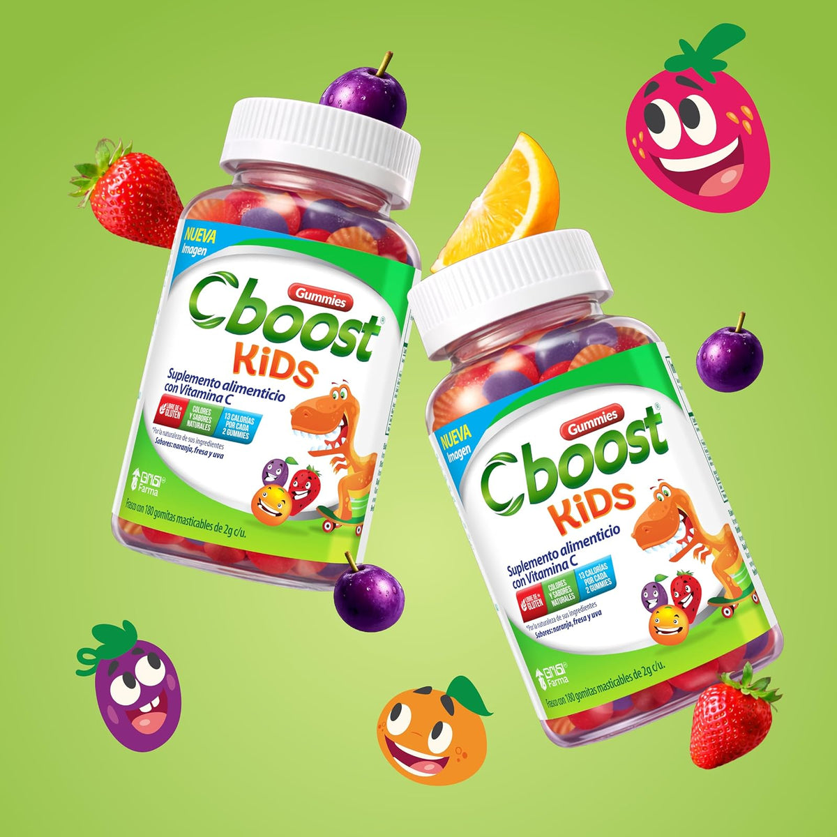 Cboost - Gomitas Kids Vitamina C para Niños, Sin Gluten, 180 Piezas, Fresa | Naranja y uva, colores y sabores naturales, 13 calorías por porción, gomitas a partir de 6 años
