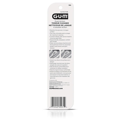 GUM Limpiador de lengua – cepillo para polvo de lengua de cerdas suaves de doble acción con raspador de lengua para una mejor higiene bucal, tratamiento de mal aliento (paquete de 3)