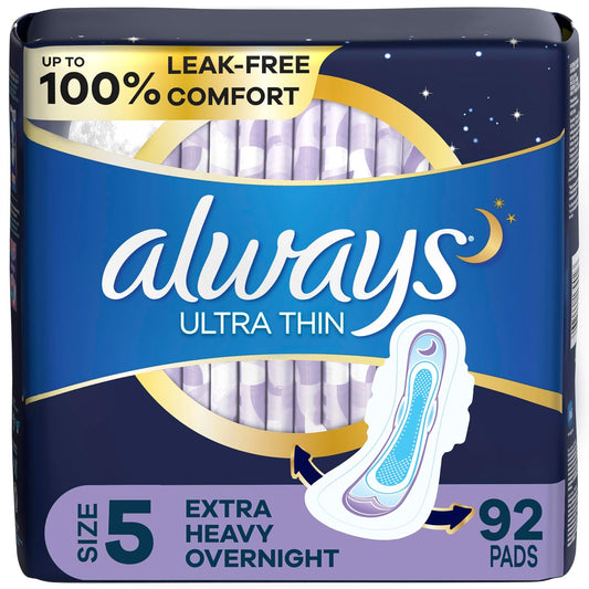 Always Ultra Thin Feminine Pads for Women, Size 5, Extra Heavy, Overnight Absorbency, with Flexi-Wings, Unscented, 46 Count-Pack of 2 (92 Count Total)