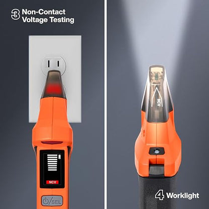 Klein Tools ET350 Detector de disyuntores digital 4 en 1, detector de fallos de salida, probador de voltaje sin contacto, probador GFCI, modo de aprendizaje y localización, LCD retroiluminado, luz