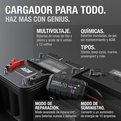 NOCO GENIUS10: Cargador de batería Inteligente 6V/12V 10A – Mantenedor automático, Cargador Lento y desulfatador con protección contra sobrecarga y compensación térmica – para baterías Plomo y Litio