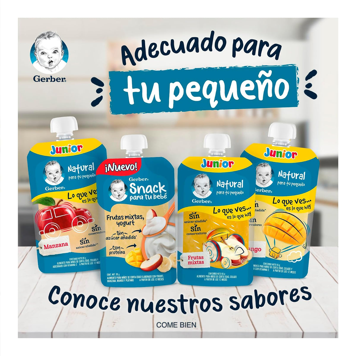 Gerber Snack Para Bebé Pouch, Etapa 4, Mora Azul, Plátano, Manzana y Yogurt, Caja con 12 Pouches de 95 g c/u