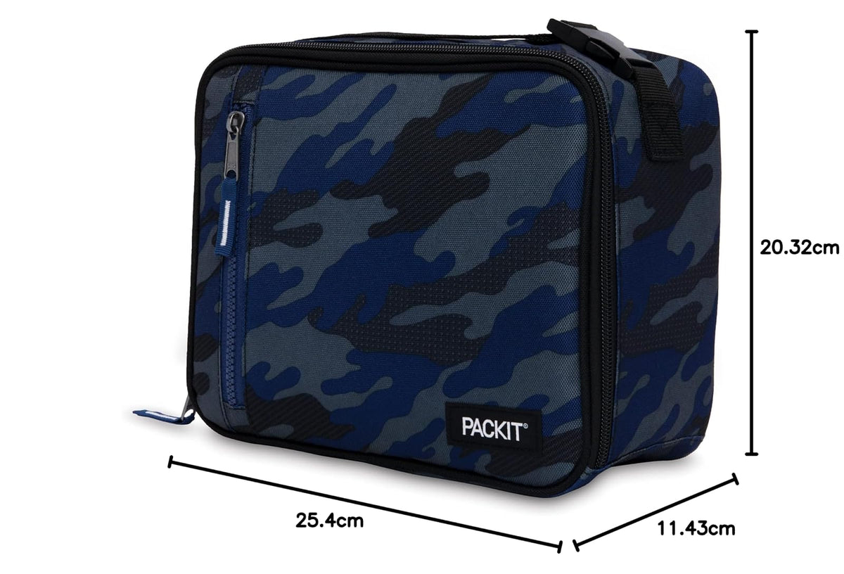 PackIt - Fiambrera Clásica Congelable, Camuflaje Deportivo Azul Marino, EcoFreeze Plegable, Reutilizable, Cierre con Bolsillo Frontal y Asa de Hebilla