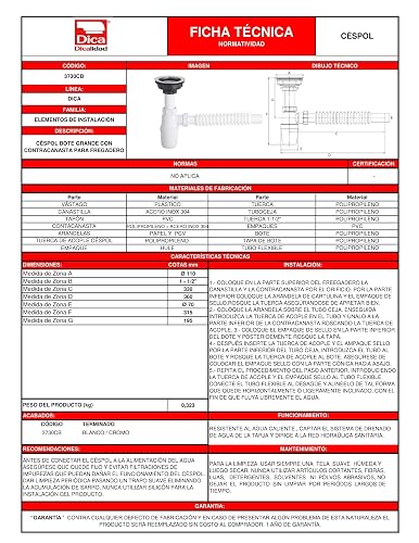 Dica 3730CB Céspol Flexible Bote Grande con Contracanasta para Fregadero, Trampa para Tarja con Tubo Flexible, Desagüe para Cocina, Plástica