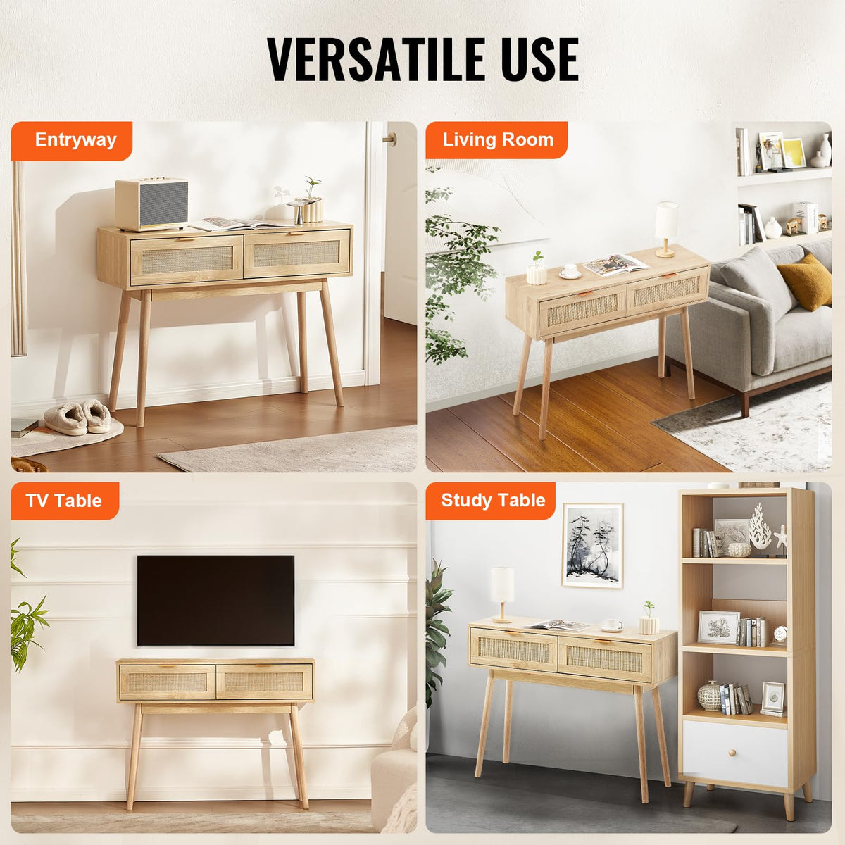 VEVOR Mesa Consola de ratán con 2 cajones de Almacenamiento, Mesa de Entrada de ratán con Puerta corrediza de ratán Natural, Mesa Consola de sofá para Sala de Estar, Entrada o Pared de TV, Natural