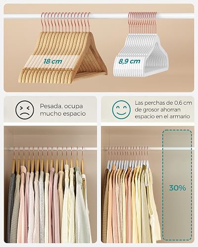SONGMICS Ganchos de Ropa de Terciopelo 50 PCS, Giratorios de 360° | Para Ropa Fina y Abrigos, Antideslizantes y Ahorradores de Espacio, MCRF026W03