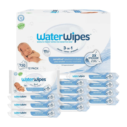WaterWipes Toallitas biodegradables Originales para bebé, 99.9% a Base de Agua, sin Perfume e hipoalergénicas para Pieles sensibles, 60 Unidades (Paquete de 12) – El Embalaje Puede Variar