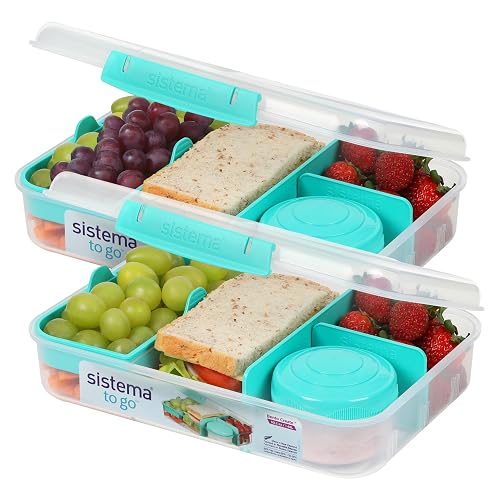 Sistema® Bento Create To Go™ - Contenedor de almacenamiento de alimentos de 1.4 L, caja bento con tapa y divisores, paquete de 2, verde azulado menta