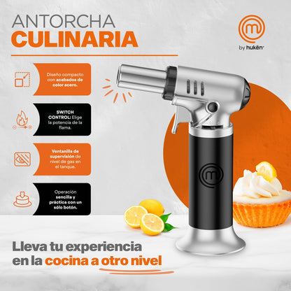 Hukën x MasterChef | Antorcha Culinaria Switch Control | Ajuste de Potencia de Flama | Ventanilla de Nivel de Gas | Base Estable | Carga de 6g para Uso Ligero | Diseño Compacto | Estilo Profesional