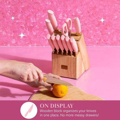 Paris Hilton - Juego de cuchillos de 12 piezas con bloque, cuchillería de acero inoxidable de alto carbono, cuchillas de precisión y mangos ergonómicos, color rosa