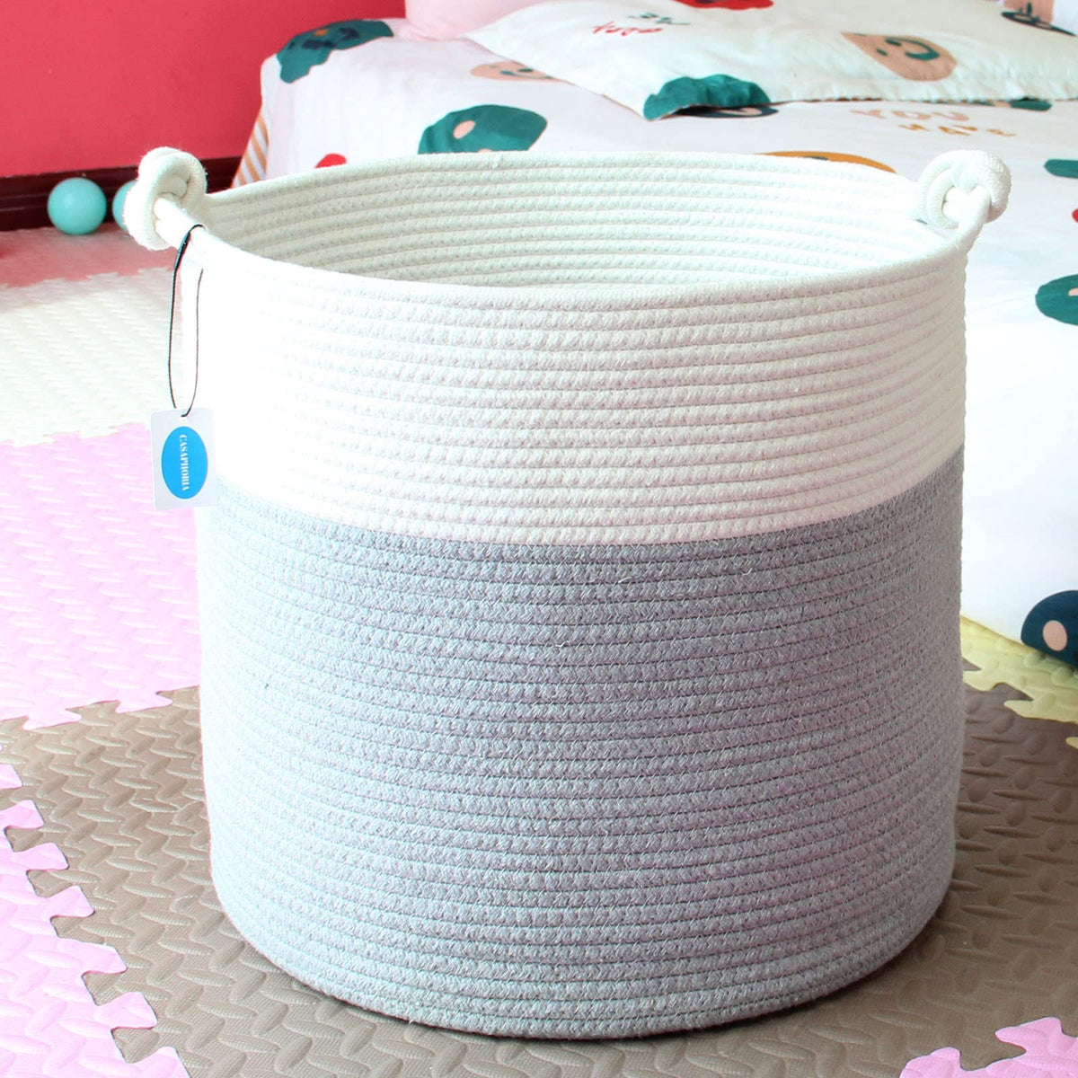 Casaphoria - Cesta de cuerda de algodón tejida con asa para recámara, cesta redonda de almacenamiento para baño, cesta de manta grande para sala de estar, cesta de lavandería alta tejida para