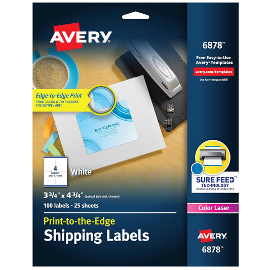 Avery 6878 - Etiquetas de envío con alimentación segura, impresión en el borde, 3-3/4 pulgadas x 4-3/4 pulgadas, 5 paquetes