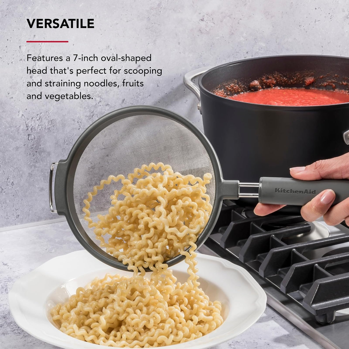 KitchenAid Colador de Acero Inoxidable | 14.1", cabeza ovalada de 7", mango ergonómico, apto para lavaplatos