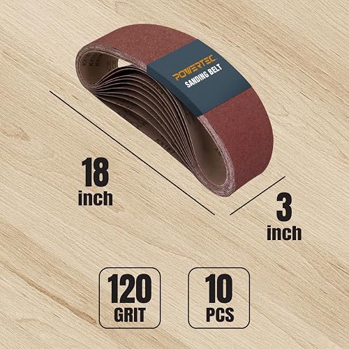 POWERTEC 110830 - Correas de lijado de óxido de aluminio de grano 120 para lijadora de banda portátil, lijado de madera y pintura, pulido de metal, 10 unidades