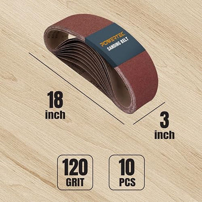 POWERTEC 110830 - Correas de lijado de óxido de aluminio de grano 120 para lijadora de banda portátil, lijado de madera y pintura, pulido de metal, 10 unidades