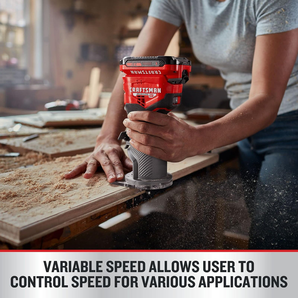 CRAFTSMAN V20 Herramienta de enrutador, sin cable, velocidad variable, enrutador de base fija con ajuste de profundidad, solo herramienta desnuda (CMCW400B)