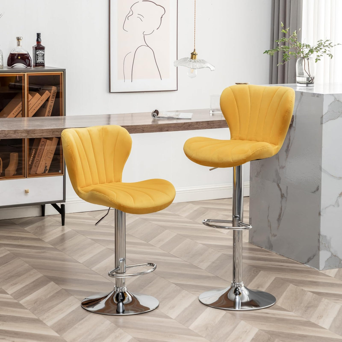 Roundhill Furniture Ellston - Taburetes giratorios de Terciopelo Ajustables en Amarillo, Juego de 2