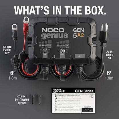 NOCO Genius GEN5X2 Cargador de Batería Marino Inteligente de 2 Bancos, 10 A, 12 V, Negro