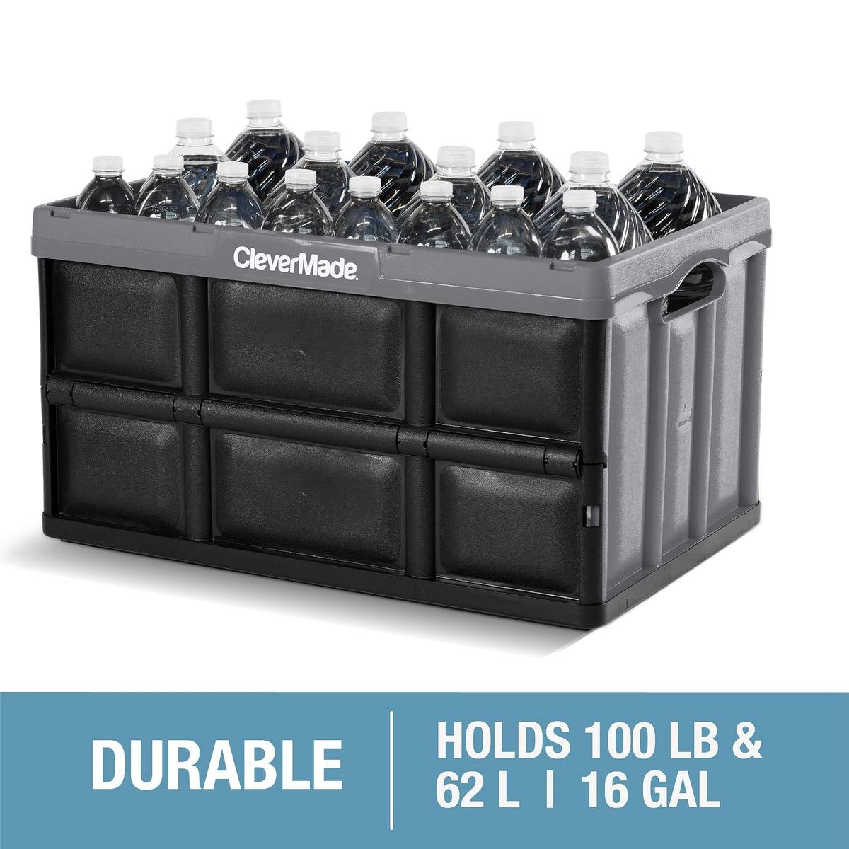 CleverMade Contenedores Plegables de Almacenamiento, Paquete de 3, 62 L, Apilables, Color Piedra