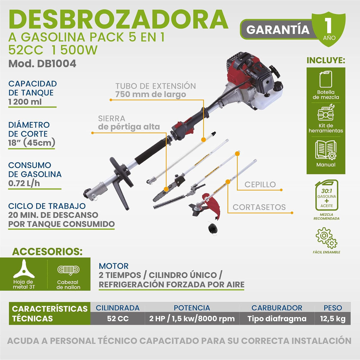 IGOTO Desbrozadora Desmalezadora de Gasolina 5 en 1 Sierra Cepillo Cortasetos Tubo Extension Motor 2 Tiempos 2 HP 1500 W Capacidad del Tanque 1200 Ml Uso Profesional 52 CC Carburador Tipo Diafragma