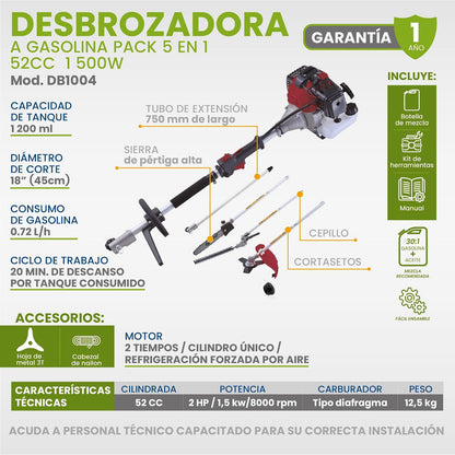 IGOTO Desbrozadora Desmalezadora de Gasolina 5 en 1 Sierra Cepillo Cortasetos Tubo Extension Motor 2 Tiempos 2 HP 1500 W Capacidad del Tanque 1200 Ml Uso Profesional 52 CC Carburador Tipo Diafragma