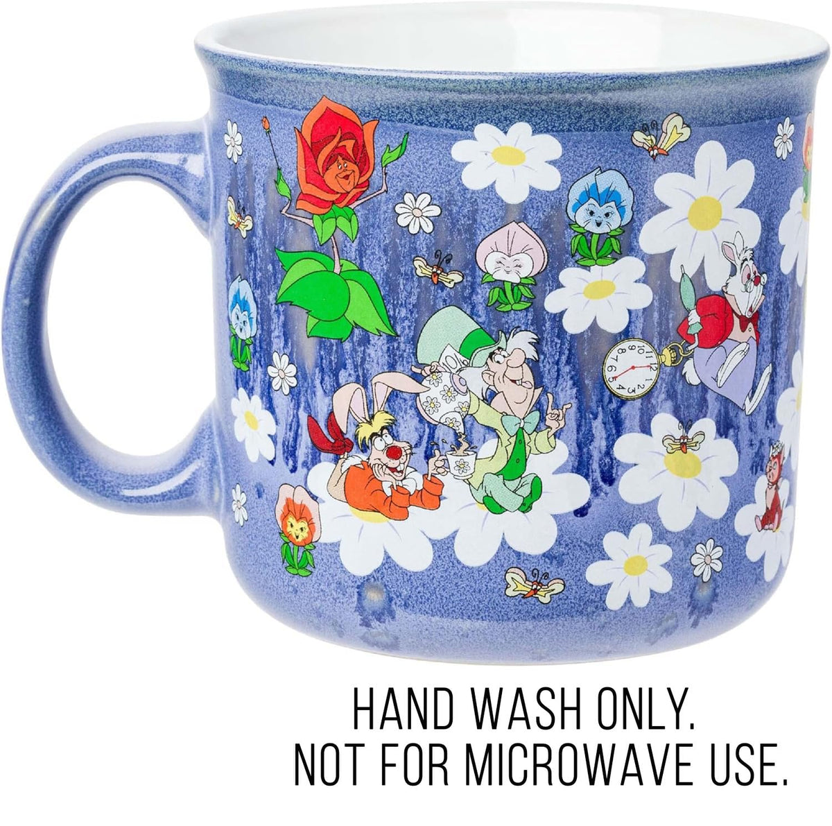 Silver Buffalo Disney Alicia en el país de las maravillas con gato Cheshire, sombrerero loco, conejo blanco y más esmaltado reactivo, taza de cerámica campista de 20 onzas