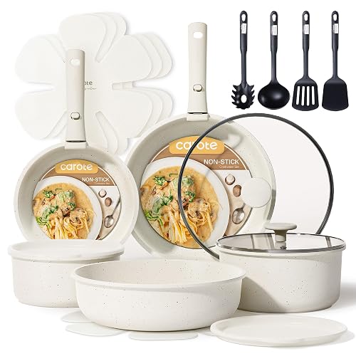 CAROTE – Batería de Cocina 15 Piezas, Ollas y Sartenes Antiadherentes, Mango Desmontable, Apto para Horno, Color Granito Blanco, Compatible con Inducción y Gas
