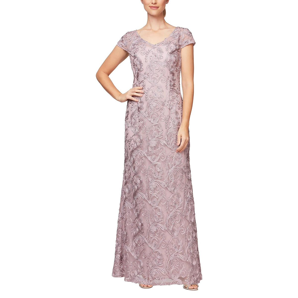 Alex Evenings Vestido Largo con Rosetas Metálicas Manga Corta - 4 Petite - Mauve