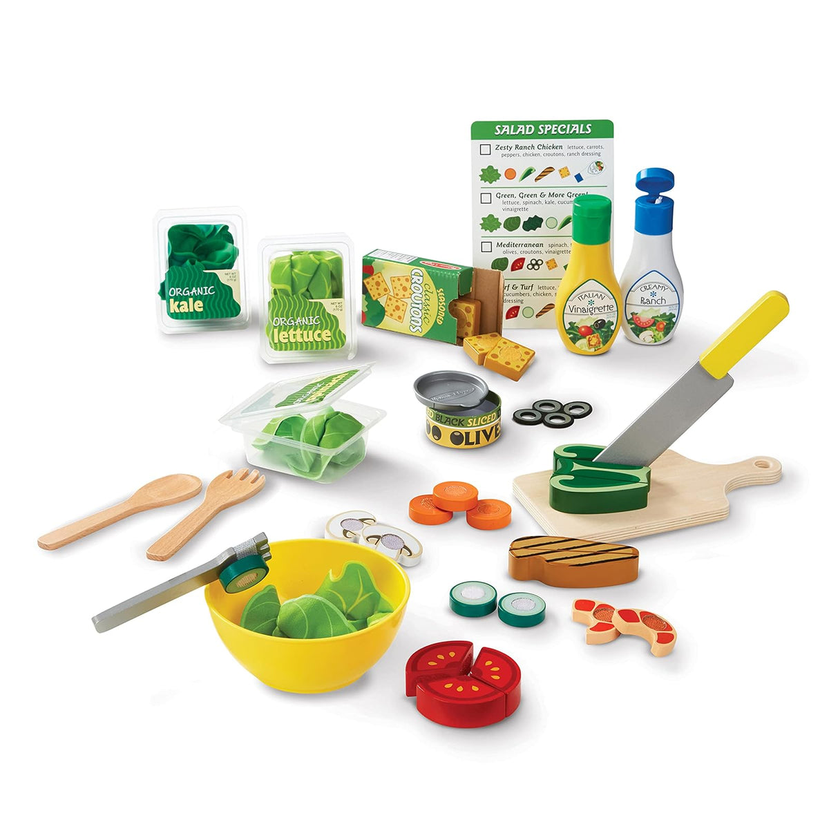 Melissa & Doug Juego de Imitación para Preparar y Mezclar Ensaladas, Juguete de Madera, Comida de Juguete (52 Piezas)