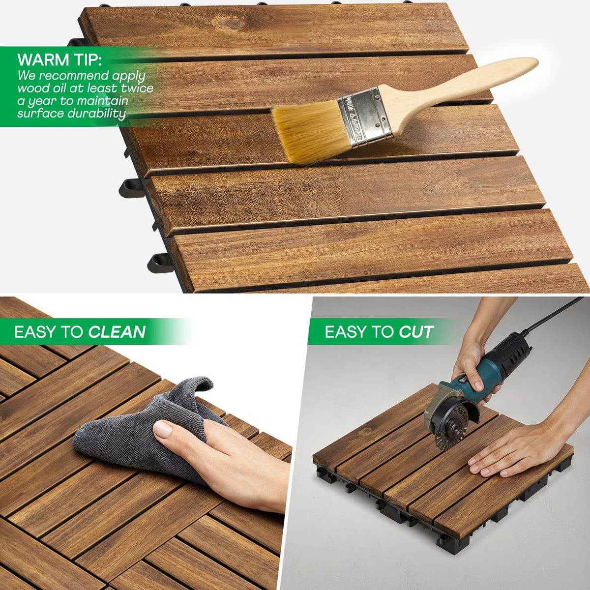 IDZO - Azulejos de cubierta entrelazados, 10 baldosas impermeables de madera de acacia, piso duradero para espacios interiores y exteriores, ideal para patios, balcones, cubiertas, cobertizos