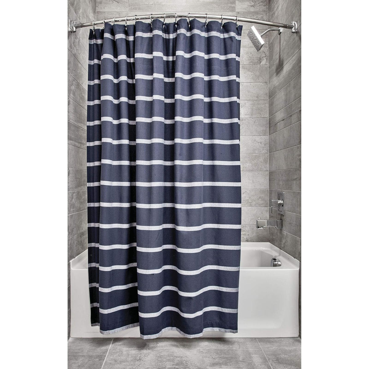 InterDesign iDesign Thin Stripe Fabric Shower Curtain, Modern Mildew-Resistant for Master, Guest, Kids' Bathrooms, Bathtubs, Stalls, Navy and White