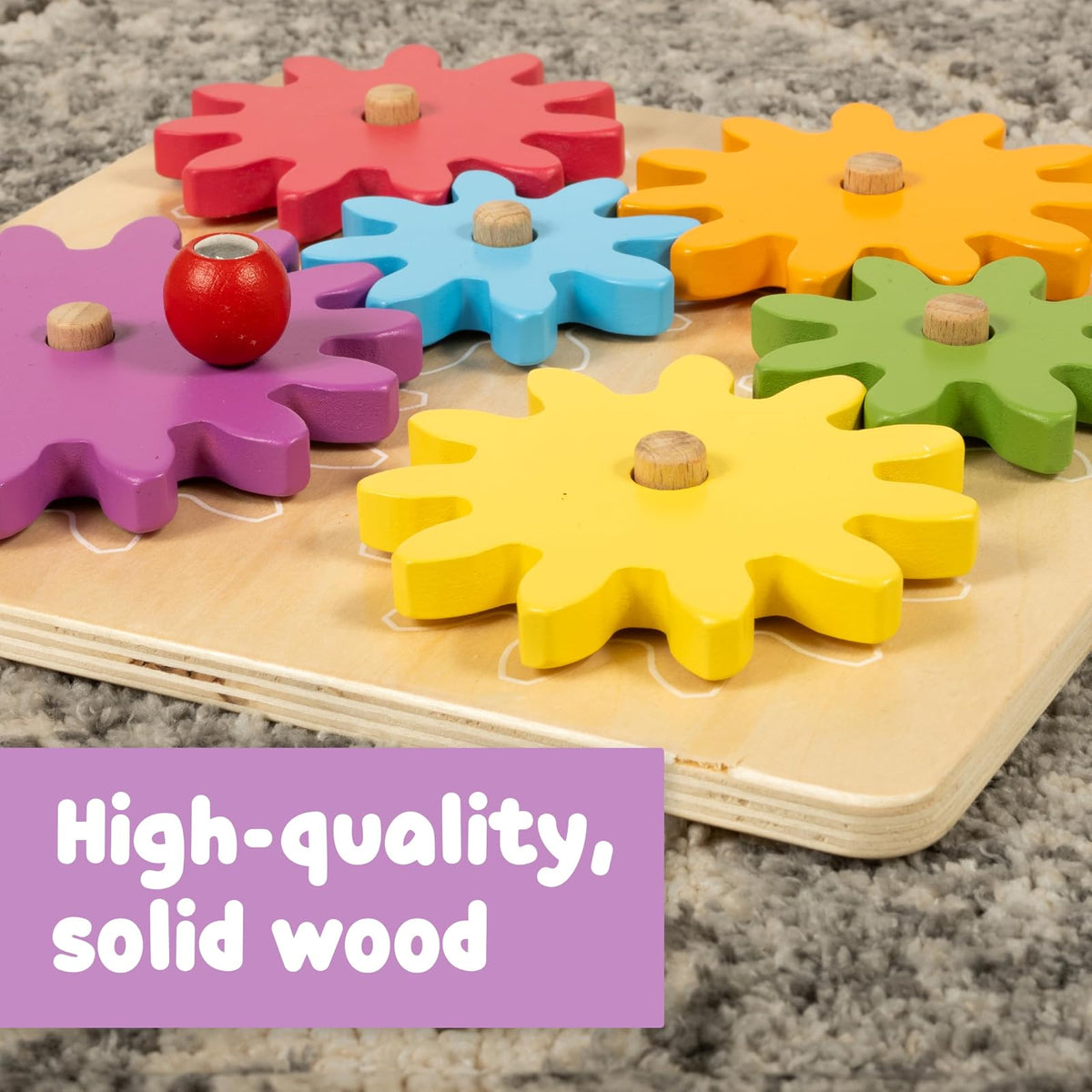 SPARK & WOW Spinny Gears - Tabla de Engranajes de Madera con 6 Piezas en 3 tamaños - Rompecabezas de Engranajes para niños - CREA Combinaciones Coloridas y giratorias