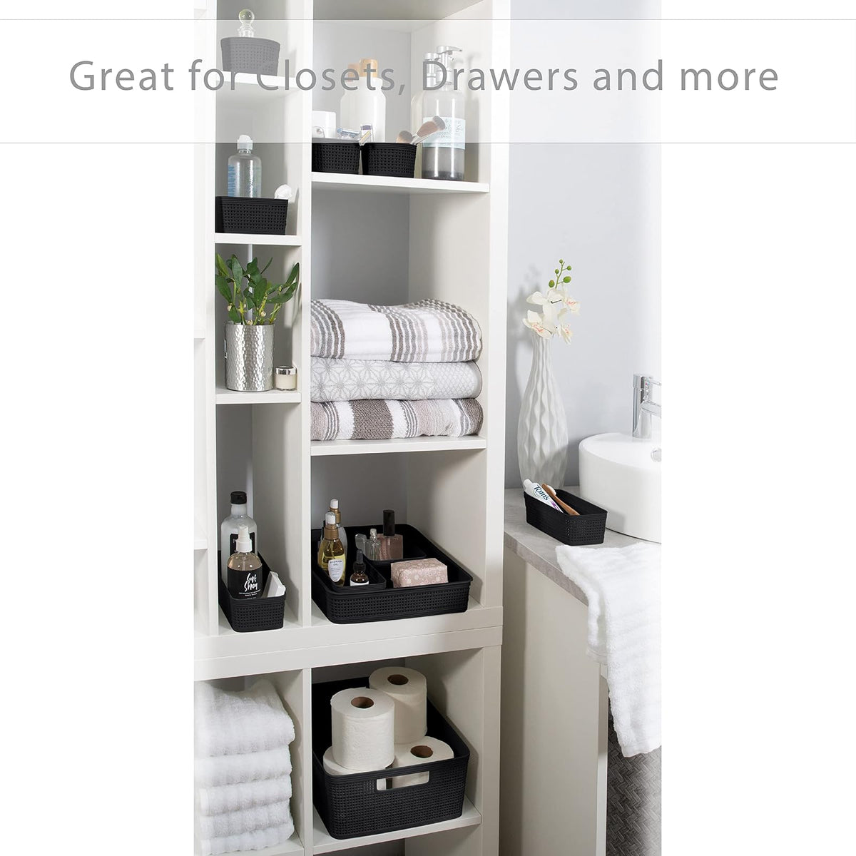 Simplify Black, 10 Pack Organizing Set, Different Sizes for Multiple Needs. for Offices, Desks, Dorms, Small Items, Accessories, Vanity, Bathrooms. Storage Baskets, Bins, Boxes