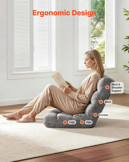 VEVOR Sillón de Suelo Relax, Sillón Reclinable con Respaldo Ajustable en 14 Posiciones, Acolchado de Espuma, Marco Metálico y Tapizado de Forro Polar Coral, para Lectura Descanso Juego, Color Gris