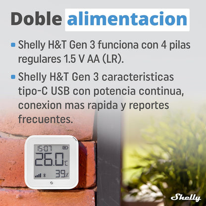 Shelly H&T Gen 3 Marfil | Sensor de Temperatura y Humedad Inteligente Wi-Fi y Bluetooth con Control y Monitorización Remotos | Escenas Inteligentes | Alertas de Notificación | Pantalla LCD