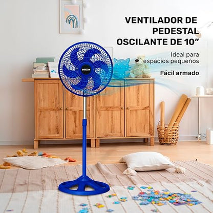PRACTIKA 10-SF | Ventilador de Pedestal 10” Azul | 3 Velocidades | Altura Ajustable (66 a 88 cm) | Compacto y fácil armado | Ideal para Espacios Pequeños | 65W