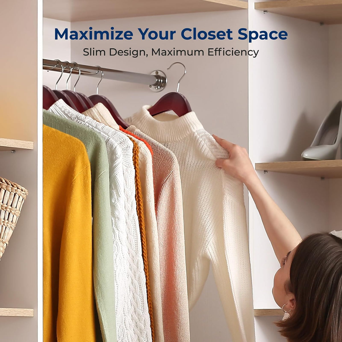 Serenelife Ganchos de Madera Premium, Ahorradores de Espacio, Resistentes, con Gancho Metálico Giratorio de 360°, para Abrigos, Pantalones y Vestidos, Negro, Pack 10