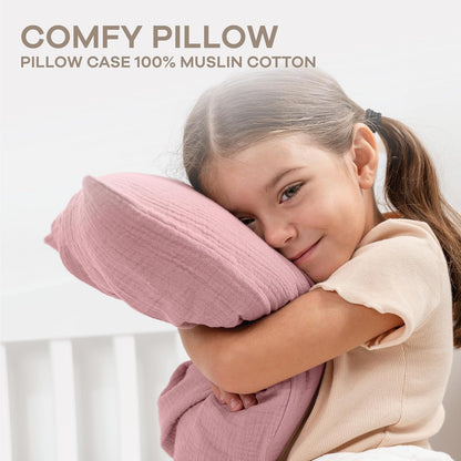 Comfy Cubs Toddler Pillow with Muslin Pillowcase, 13 x 18 in - Travel and Sleep Support for Kids - Lightweight, Microfiber Fill - Soft and Cozy Small Pillow for Toddlers - Mauve