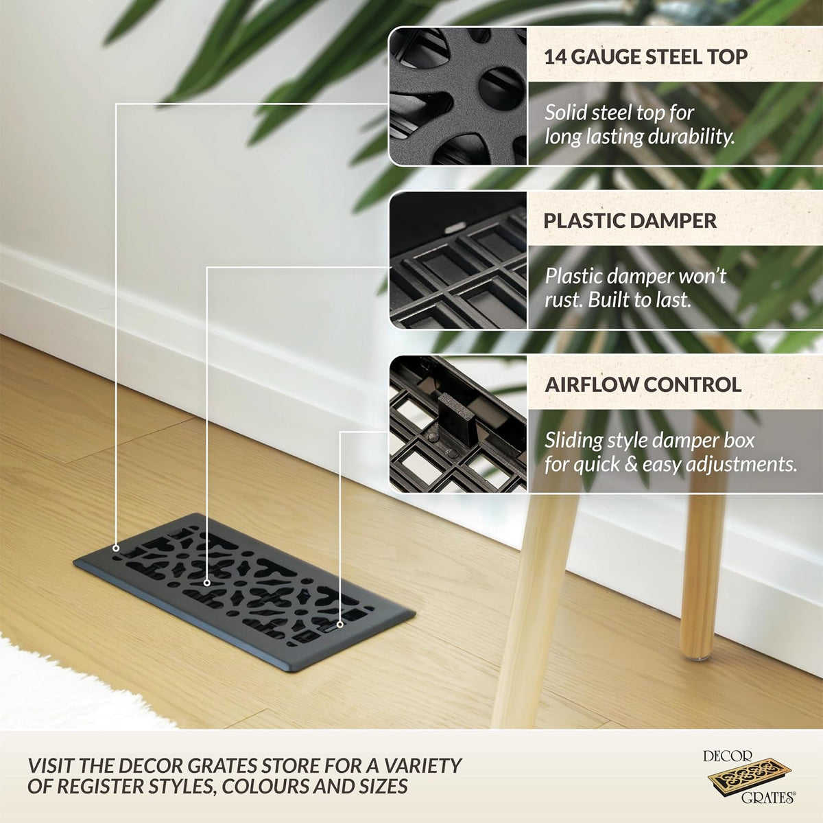 Decor Grates AGH410-BLK - Registro de piso gótico, color negro texturizado, 4 x 10 pulgadas