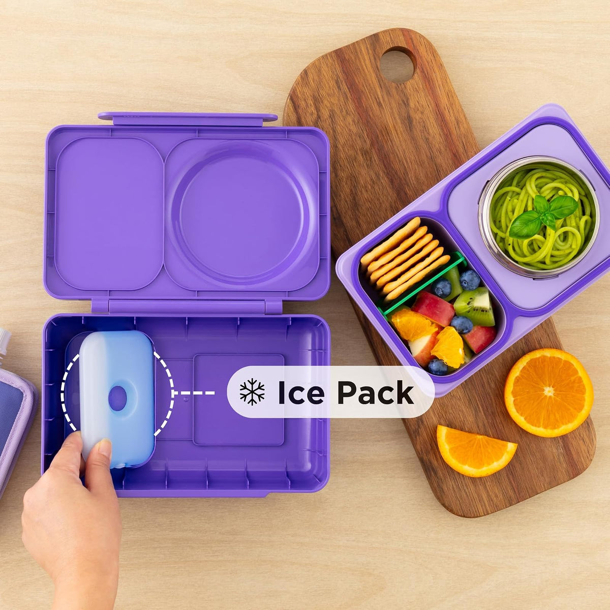 Omie OmieBox UP Bento Box para niños, lonchera aislada, tarro térmico de alimentos aislado al vacío a prueba de fugas, bolsa de hielo más fría, 2 compartimentos (morado galaxia)