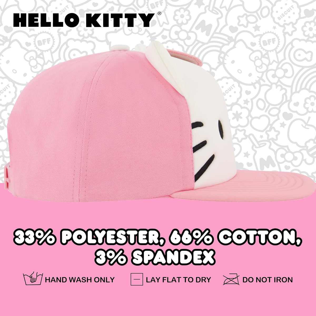 Hello Kitty Baseball Cap, Women's Snapback Hat with Flat Brim and 3D Ribbon and Ears
