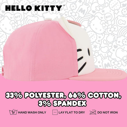 Hello Kitty Baseball Cap, Women's Snapback Hat with Flat Brim and 3D Ribbon and Ears
