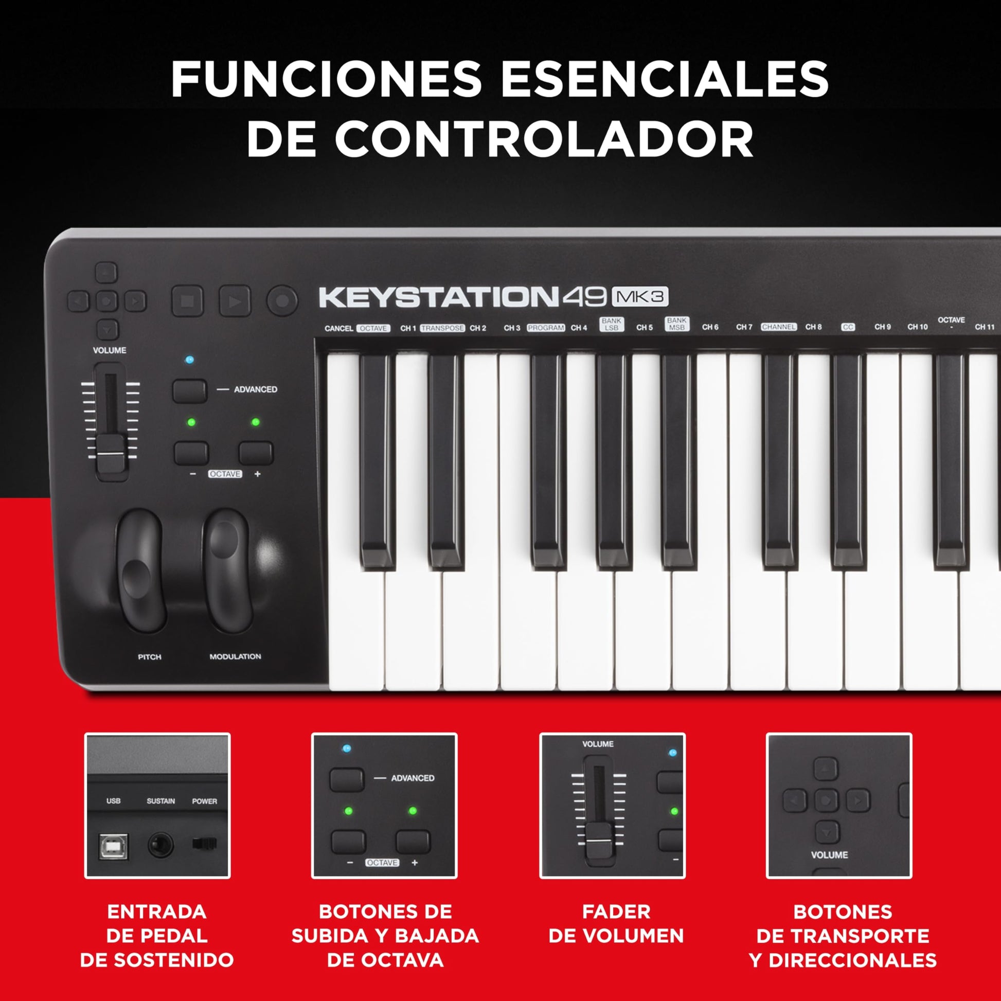 M-Audio Keystation 49 MK3 - Controlador MIDI USB con teclado de 49 teclas, controles asignables, ruedas de pitch/modulación, suite de software