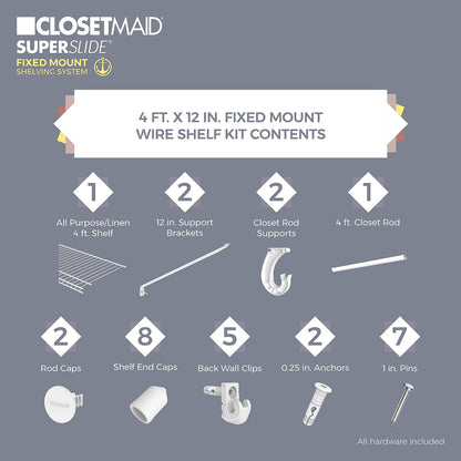 ClosetMaid 5631 SuperSlide Kit para estantería con Barra de Armario, 4 Pieds x 30,48 cm