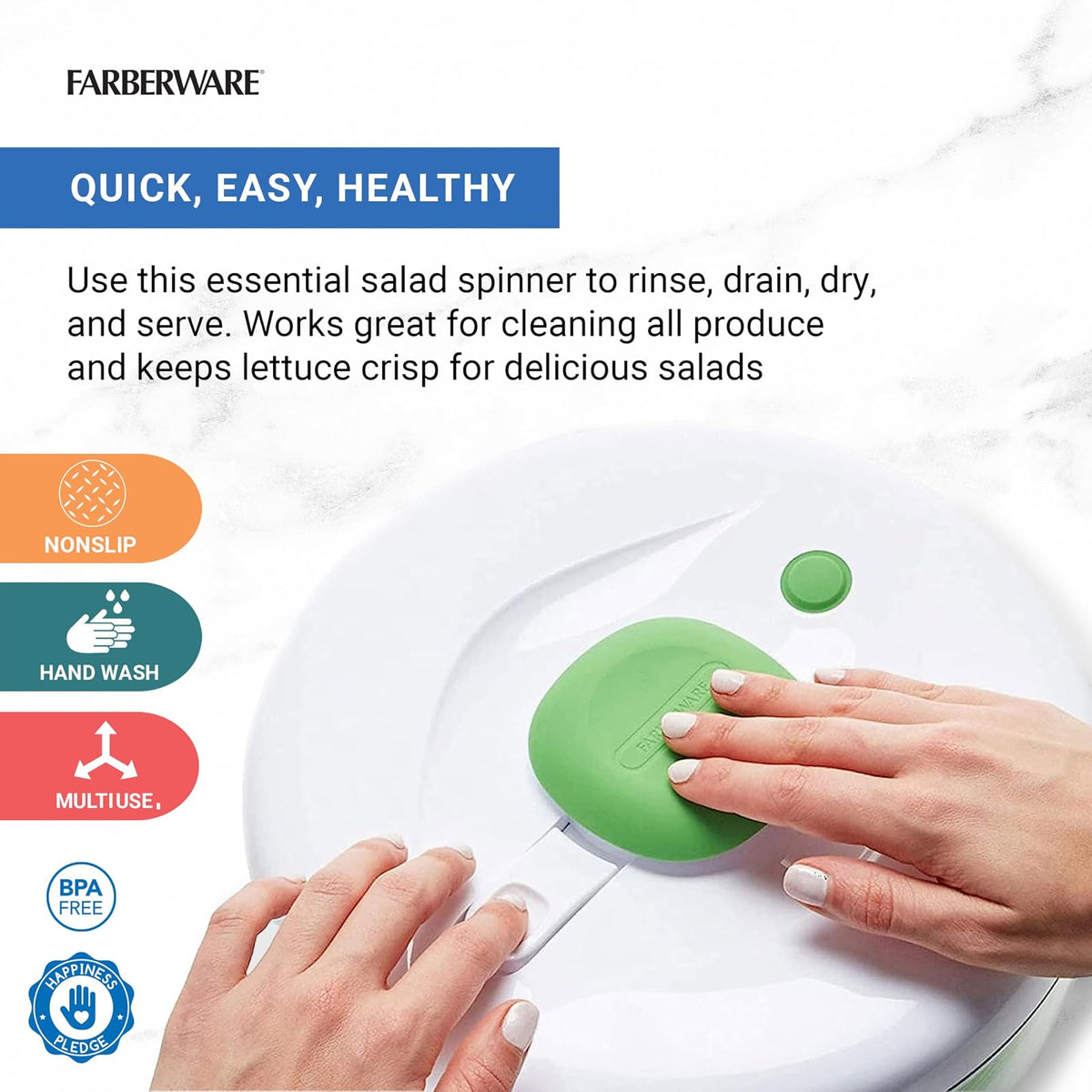Farberware - Bomba giratoria profesional fácil de usar con tazón, colador y sistema de drenaje integrado para ensaladas y productos frescos, crujientes y limpios, 6.6 cuartos de galón, verde