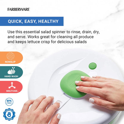 Farberware - Bomba giratoria profesional fácil de usar con tazón, colador y sistema de drenaje integrado para ensaladas y productos frescos, crujientes y limpios, 6.6 cuartos de galón, verde