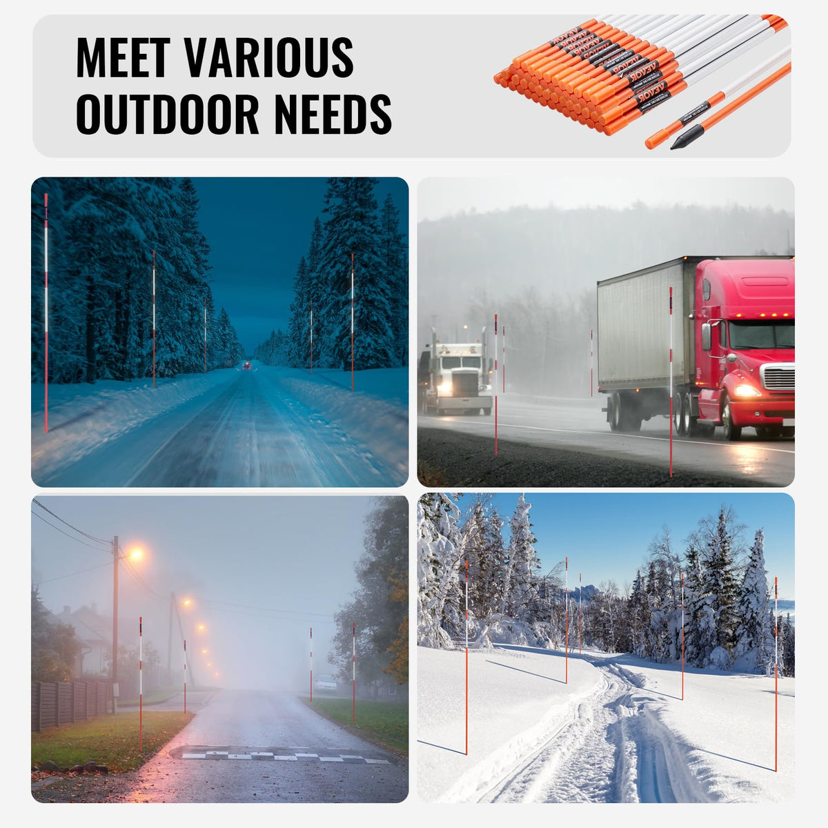 VEVOR Marcadores de Entrada 100 PCS Estacas de Nieve Naranja Fibra de Vidrio 0,78x121,5 cm Instalación de Tira Reflectante de Alta Visibilidad Broca de Acero 30 cm Protectores para Estacionamientos