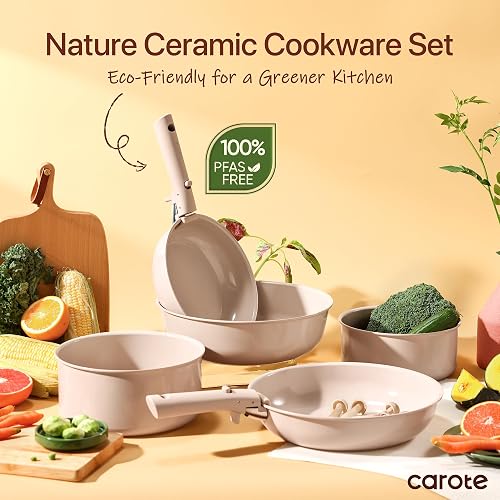 CAROTE – Batería de Cocina 19 Piezas, Ollas y Sartenes Antiadherentes de Cerámica, Mango Desmontable, Color Gris Topo