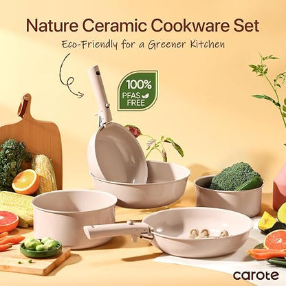 CAROTE – Batería de Cocina 19 Piezas, Ollas y Sartenes Antiadherentes de Cerámica, Mango Desmontable, Color Gris Topo